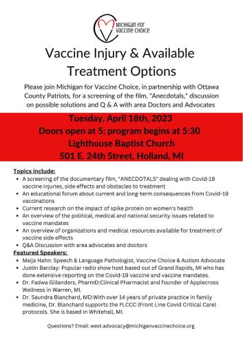 Holland, Michigan - April 28, 2023 - Vaccine Injury and Available Treatment Option Featuring Dr. Christina Parks