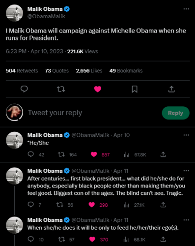 Malik Obama Tweets Michelle Obama Followed By He She Pronouns Correction
