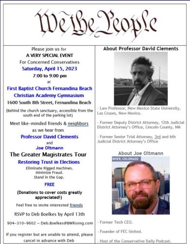 Fernandina Beach, Florida - April 15, 2023 - Restoring Trust in Elections