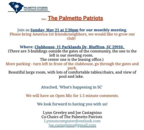 Bluffton, South Carolina - May 21, 2023 - Meeting Palmetto Citizens for Informed Governance