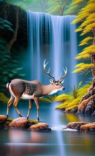 Deer by waterfall