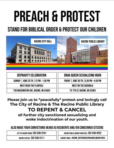 Racine, Wisconsin -Call to Action - Preach and Protest - Stand for Biblical Order and Protest Our Children