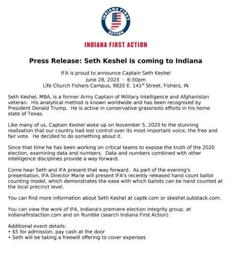 Fisher, Indiana - June 28, 2023 - Seth Keshel - Election Integrity Expert