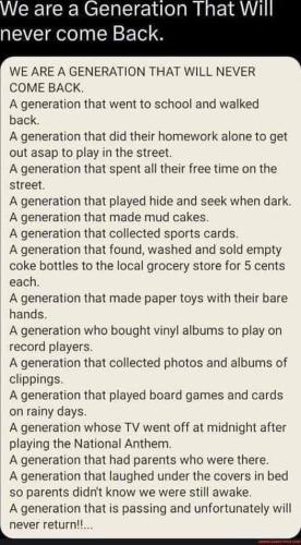 generation that will never come back