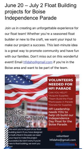 Boise, Idaho - June 20 - July 2, 2023 - Help Build Health Freedom Idaho 4th of July Float