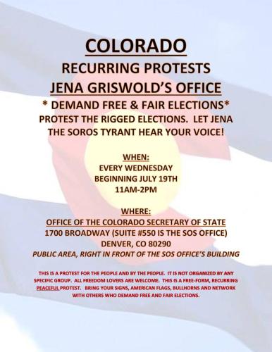 Denver, Colorado - Every Wed Beginning July 19, 2023 - Recurring Protest at Jena Griswold;s Office