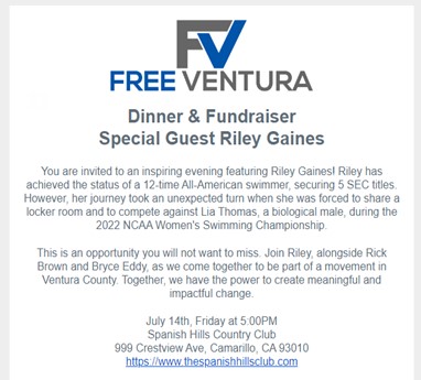 Camarillo, California - July 14, 2023 - Free Ventura Dinner and Fundraiser - Riley Gaines, Speaker