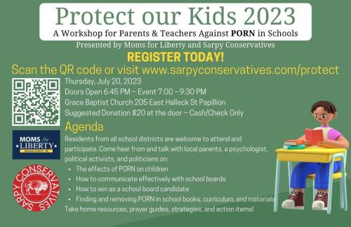 St Papillion, Nebraska - July 20, 2023 - Protect our Kids 2023 A Workshop for Parents and Teachers Against Porn in Schools