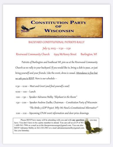 Burlington, Wisconsin - July 15, 2023 - Backyard Constitution Patriots Rally