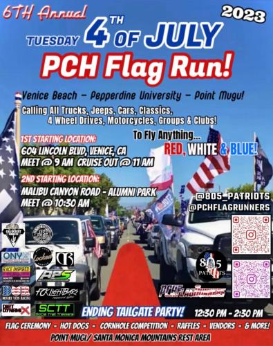 Los Angeles, California - July 4, 2023 - Pacific Coast Highway Flag Run - Two Starting Points