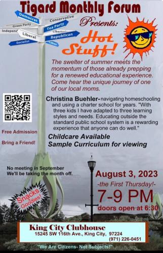 King City, Oregon - Aug 3, 2023 - Tigard Monthly Forum - Homeschooling