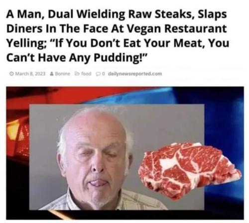 weilding raw steaks