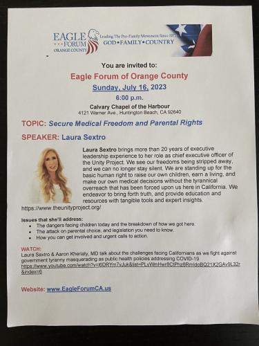 Hungtington Beach, California - July 16, 2023 - Secure Medical Freedom and Parental Rights