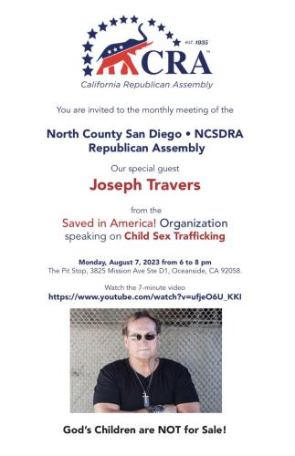 Oceanside, California - Aug 7, 2023 - North County San Diego Republican Assembly - Joseph Travers - Saved in America Organization Speaking About Child Sex Trafficking