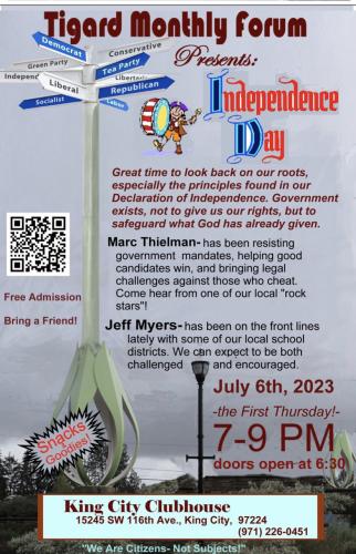 Tigard, Oregon - July 6, 2023 - Monthly Forum - Independence Day