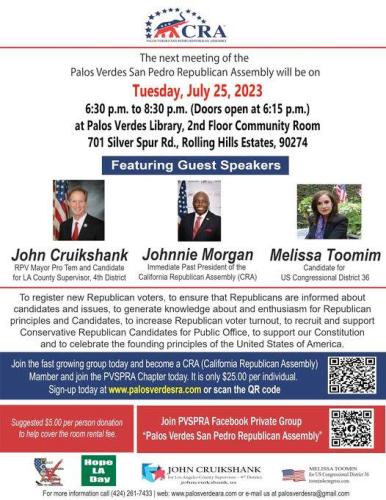 Rolling Hills Estates, California - July 25, 2023 - Palos Verdes San Pedro Republican Assembly Meeting