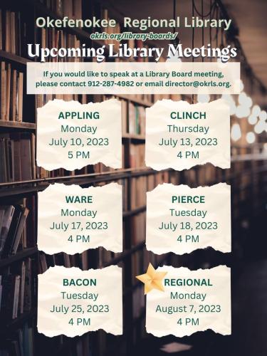 Georgia - Various Locations -July and Aug 2023 -  Library Board Meetings - Encourage Board Members to Vote on Policies noted Below