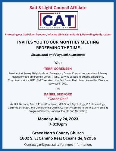 Oceanside, California - July 24, 2023 - Monthly Meeting of Grace Action Team (GAT)
