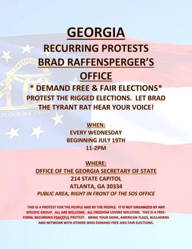 Atlanta, Georgia - Every Wed Beginning July 19, 2023 - Recurring Protest at Brad Raffensperger's Office