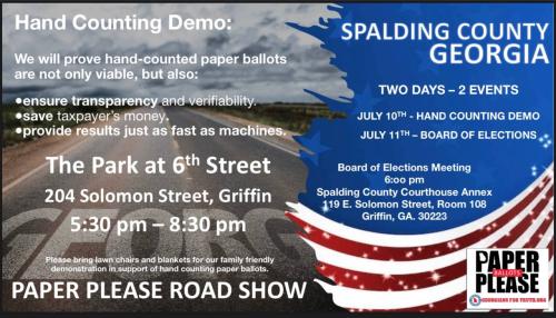 Griffin, Georgia - July 10 and 11, 2023 - Hand Counting Demo and Board of Elections Meeting