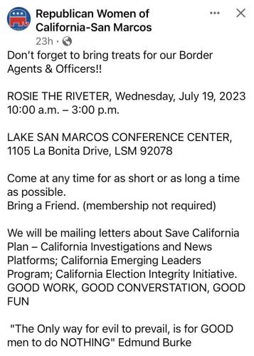 San Marcos, California - July 19, 2023 - Meeting Republican Women of San Marcos