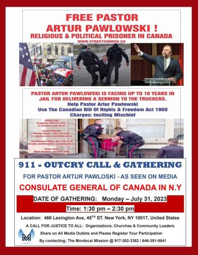 New York, New York - July 31, 2023 - Protest at Consulate General of Canada in NY to Free Pastor Artur Pawlowski