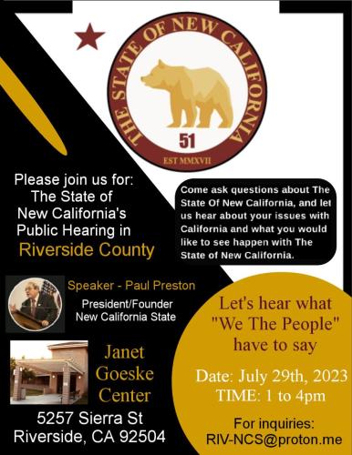 Riverside, California - July 29. 2023 - The State of New California