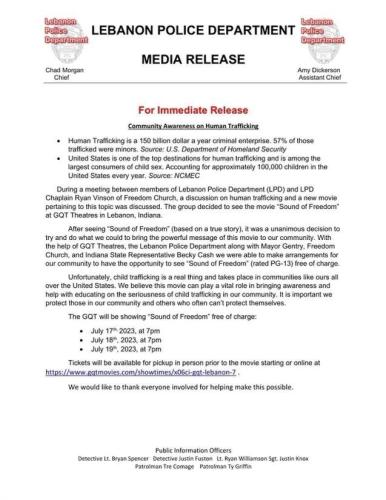 Lebanon, Indiana - July 17-19, 2023 - FREE Viewing of Movie - The Sound of Freedom