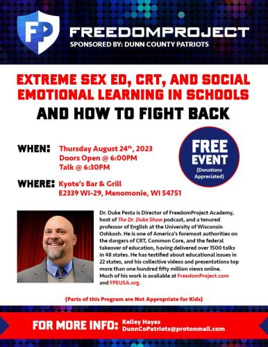 Menomonie, Wisconsin - Aug 24, 2023 - How to Fight Back - Extreme Sex Ed, CRT and Social Emotional Learning in Schools