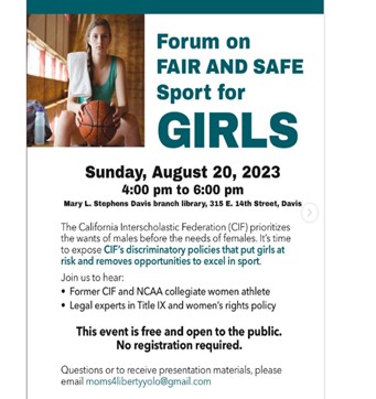 Davis, California - Aug 20, 2023 - Forum on Fair and Safe Sport for Girls