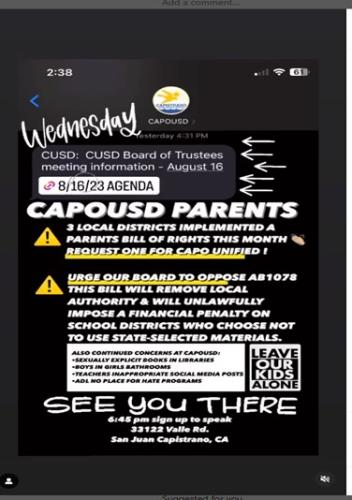 San Juan Capistrano, California - Aug 16, 2023 - School Board Meeting - Urge School Board to Oppose AB1078