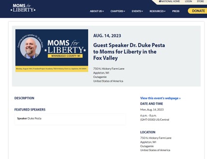 Appleton, Wisconsin - Aug 14, 2023 - Moms for Liberty - Dr. Duke Pesta Guest Speaker