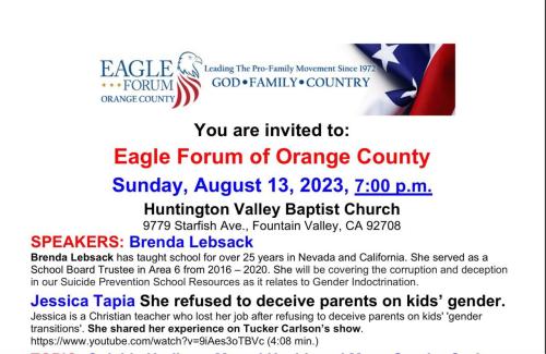 Fountain Valley, California - Aug 13, 2023 - Eagle Forum of Orange County