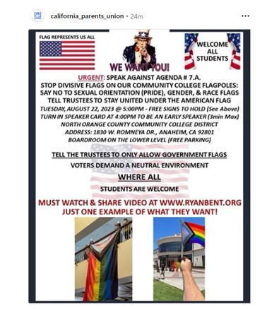Anaheim, California - Aug 22, 2023 - Stop Divisive Flags on Community College Flagpole