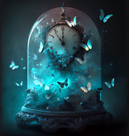 198173569-time-concept-with-clock-and-butterflies-in-a-glass-dome-generative-ai