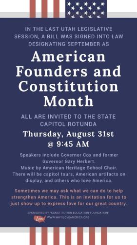 Salt Lake City, Utah - Aug 31, 2023 - Celebrate American Founders and Constitution Month