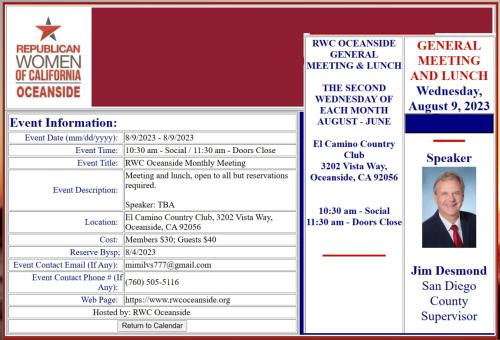 Oceanside, California - Aug 9, 2023 - Meeting og Republican Women of California - Jim Desmond Guest Speaker