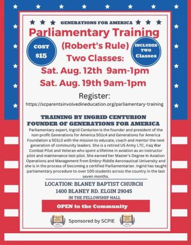 Elgin, South Carolina - Aug 12 & 19, 2023 - Generatons for America - Parliamentary Training