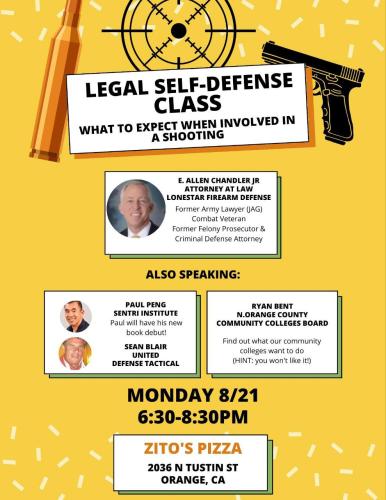 Orange, California - Aug 21, 2023 - Legal Self Defense Class - What to Expect When Involved in a Shooting