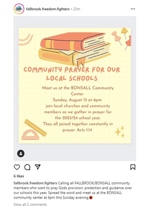 Bonsall, California - Aug 13, 2023 - Community Prayer for our Local Schools
