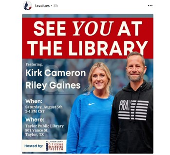 Taylor, Texas - Aug 5, 2023 - Kirk Cameron and Riley Gaines - See You at the Library Day