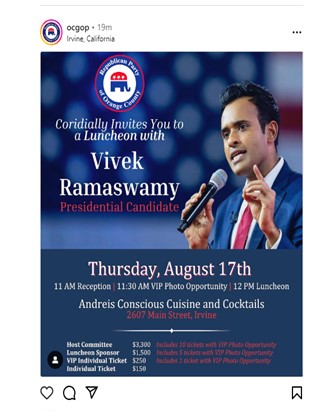 Irvine, California - Aug 17, 2023 - Orange County GOP - Luncheon with Vivek Ramaswamy Presidential Candidate