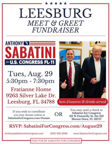 Leesburg, Florida - Aug 29, 2023 - Meet and Greet Fundraiser - Anthony Sabatini for US Congress FL-11