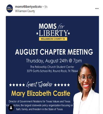 Round Rock, Texas - Aug 24, 2023 - Moms for Liberty - Guest Speaker Mary Elizabeth Castle