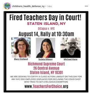Staten Island, New York - Aug 18, 2023 - Fired Teachers Day in Court