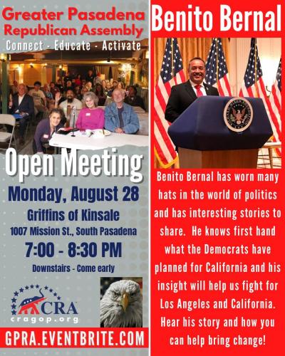 South Pasadena, California - Aug 28, 2023 - Greater Pasadena Republican Assembly - Guest Speaker Benito Bernal