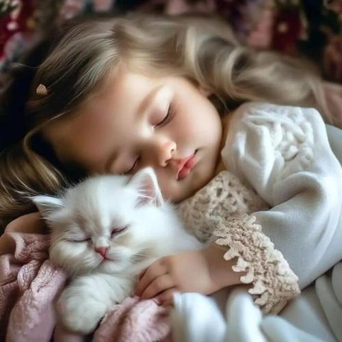 Beautiful girl and white cat
