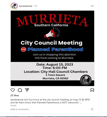 Murrieta, California - Aug 15. 2023 - City Council Meeting - Stop Planned Parenthood