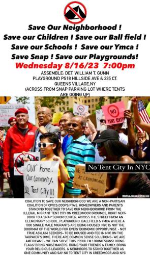 Queens, New York - Aug 16, 2023 - Save Our Neighborhood - No Tent City in NYC
