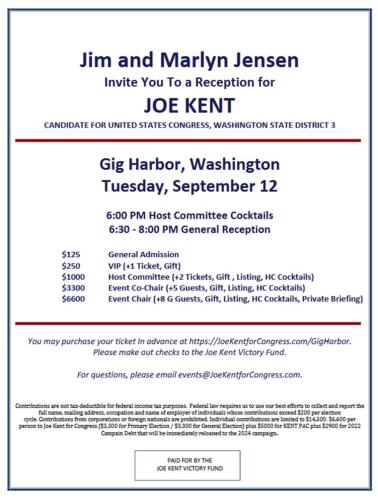 Gig Harbor, Washington - Sep 12, 2023 - Reception for Joe Kent for Congress